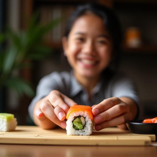 A person smiling as they successfully roll a sushi maki.