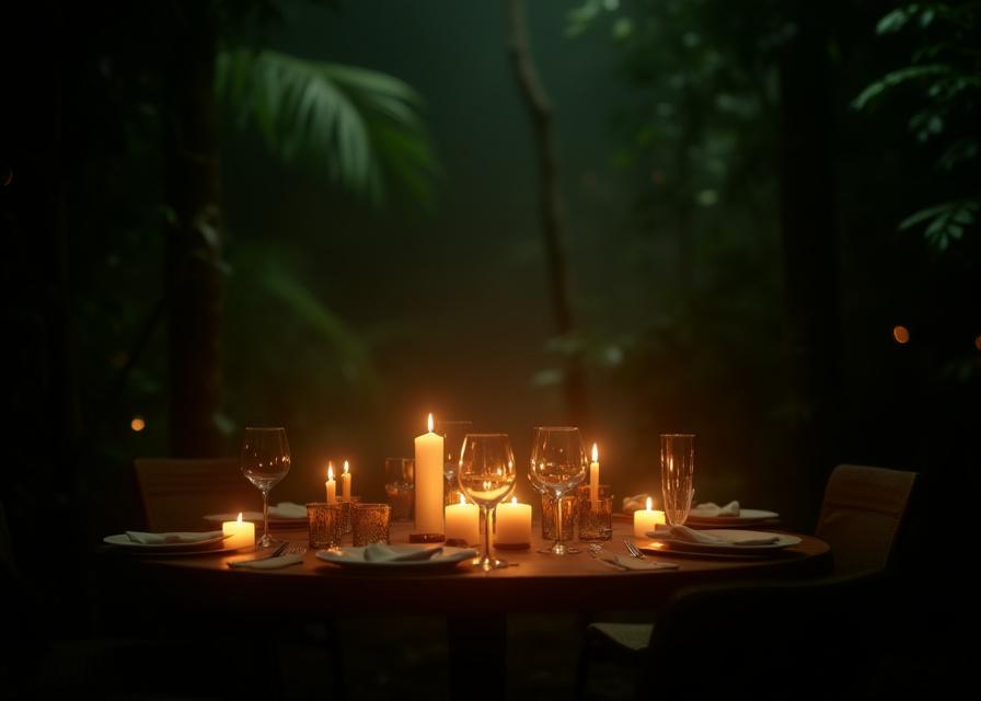 An intimate dining setup with candles and greenery creating a magical rainforest ambiance.